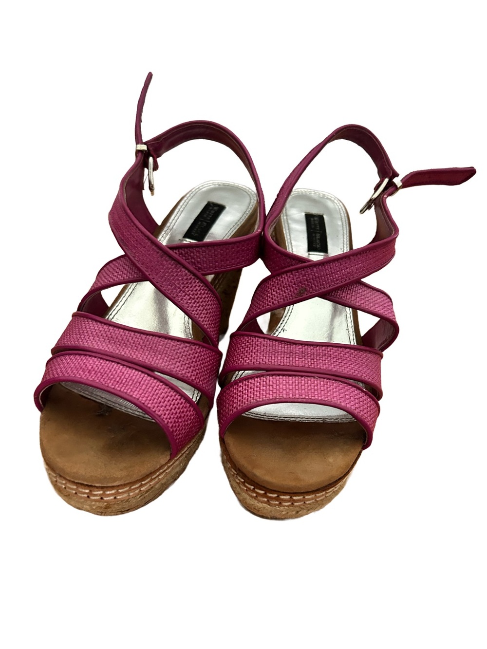 White House Black Market Fuchsia Strappy Cork Wedge Sandals. Size 8 - Picture 2 of 3